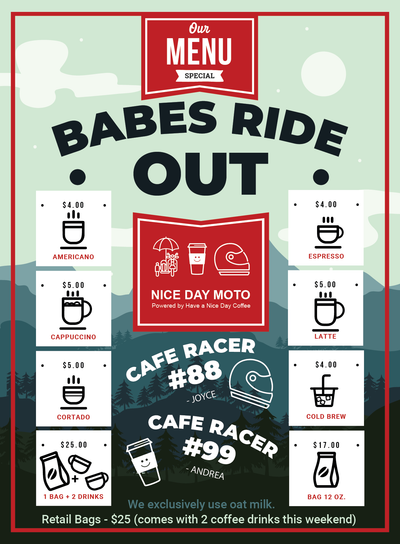 Babes Ride Out East 2023- Food and Beverage Menus!